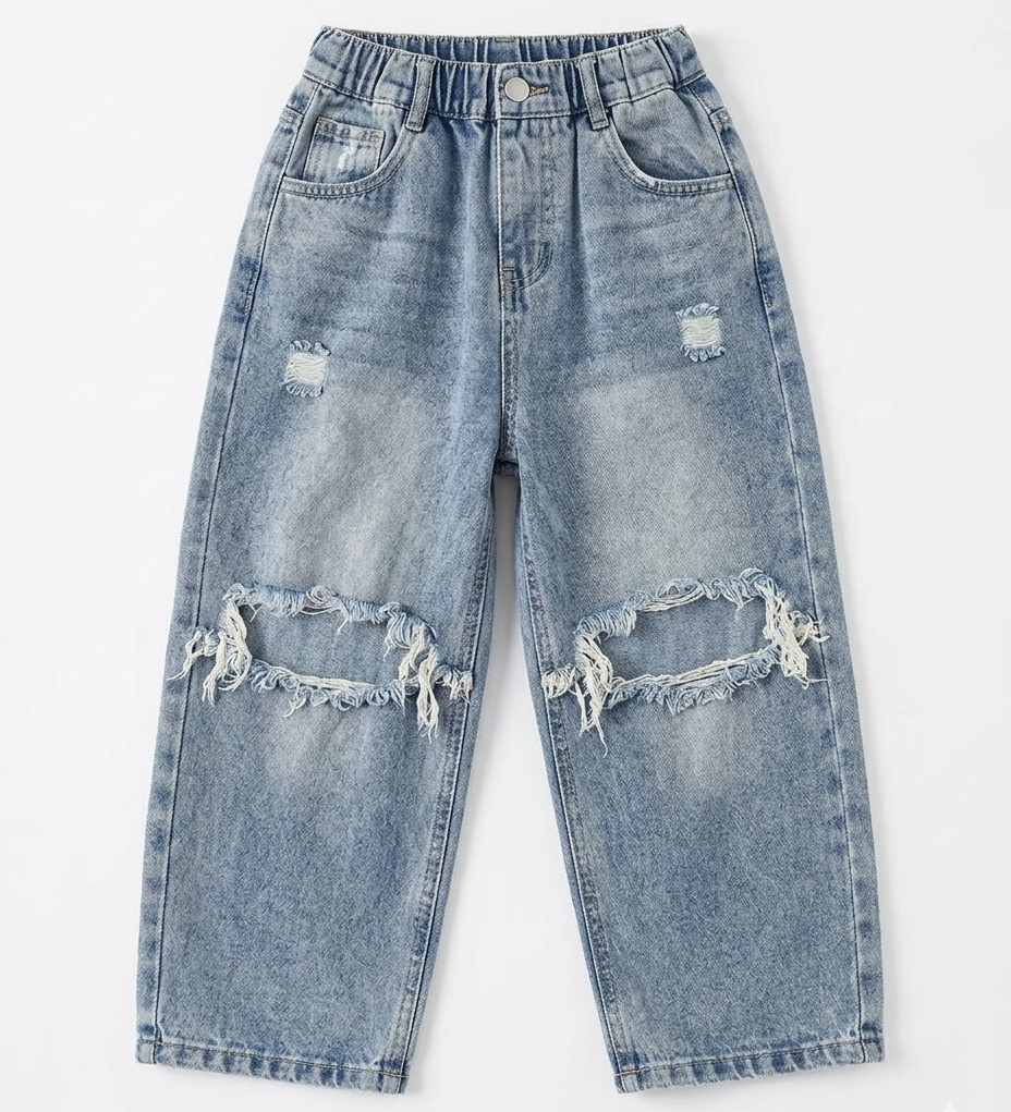 Boys Light Blue Distressed Baggy Fit Denim Jeans