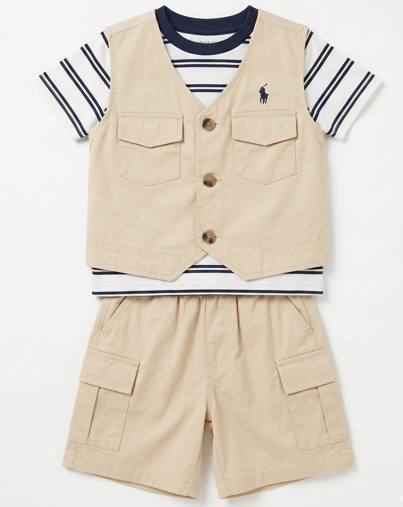 Boys Beige 3-Piece Cargo Shorts Set
