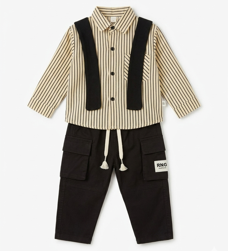 Boys Beige Striped Shirt & Black Cargo Pants Co-Ord Set