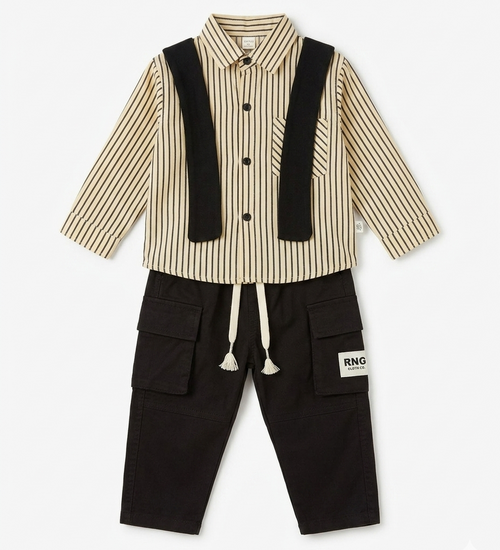 Boys Beige Striped Shirt & Black Cargo Pants Co-Ord Set