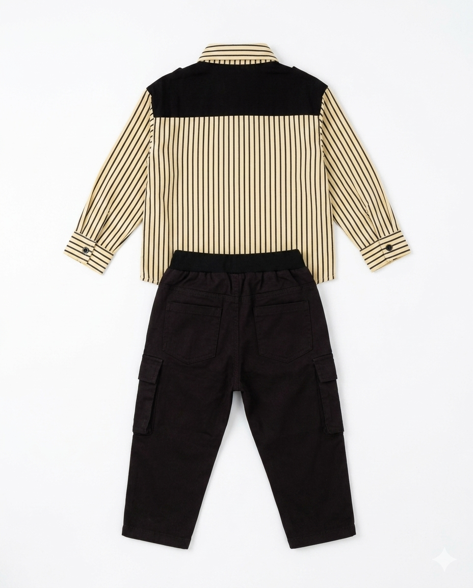 Boys Beige Striped Shirt & Black Cargo Pants Co-Ord Set
