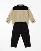 Boys Beige Striped Shirt & Black Cargo Pants Co-Ord Set