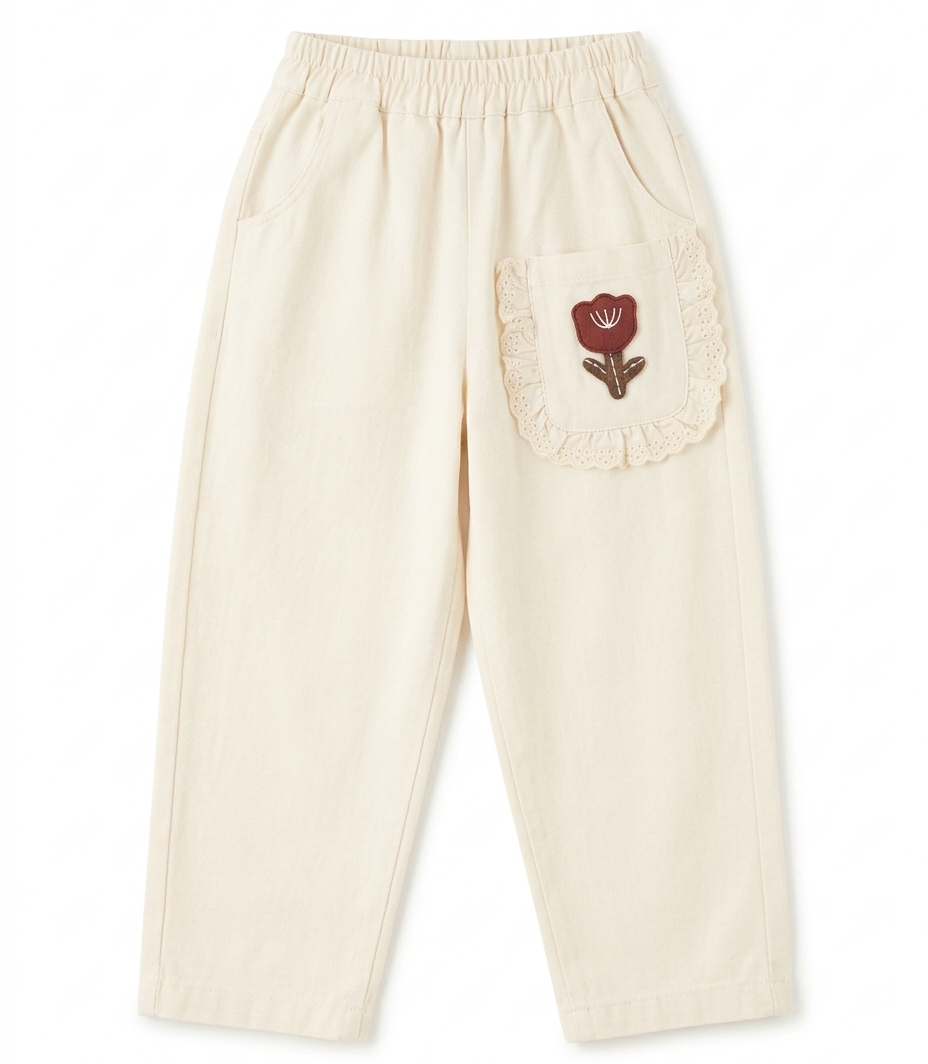 Girls Cream Cotton Wide Leg Pants with Floral Lace Pocket
