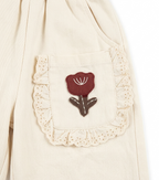 Girls Cream Cotton Wide Leg Pants with Floral Lace Pocket