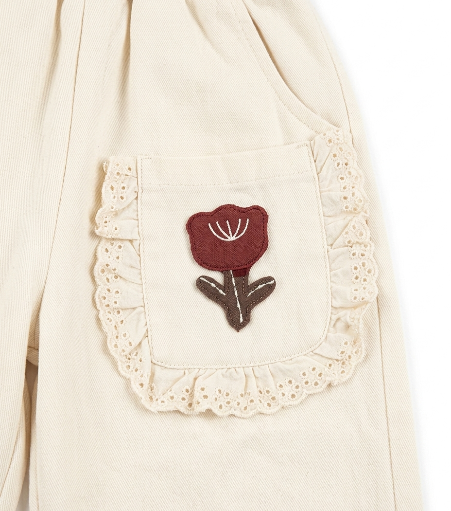 Girls Cream Cotton Wide Leg Pants with Floral Lace Pocket