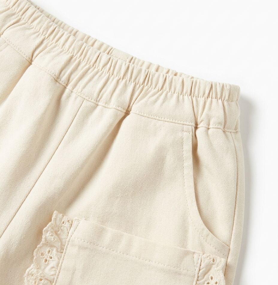 Girls Cream Cotton Wide Leg Pants with Floral Lace Pocket
