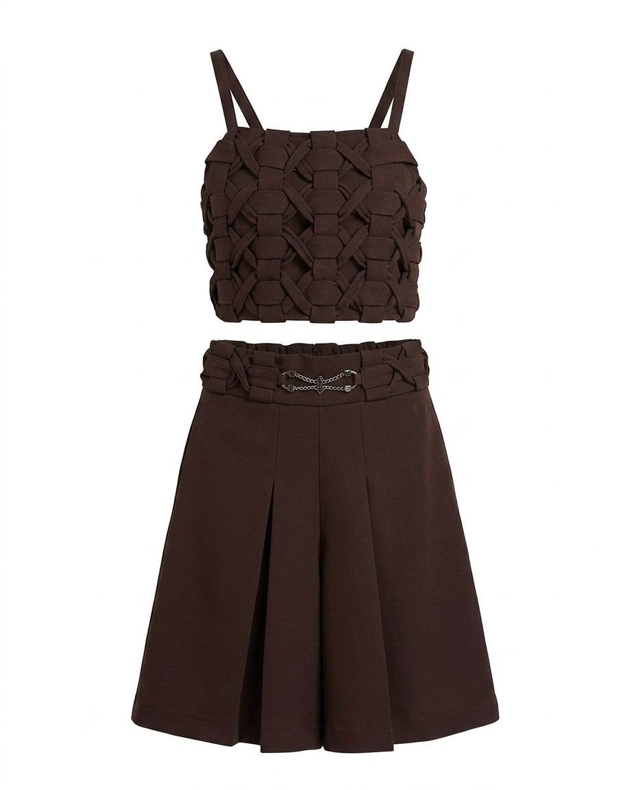 Girls Brown Lilac Woven Crop Top with Wide Leg Pants Co-Ord Set