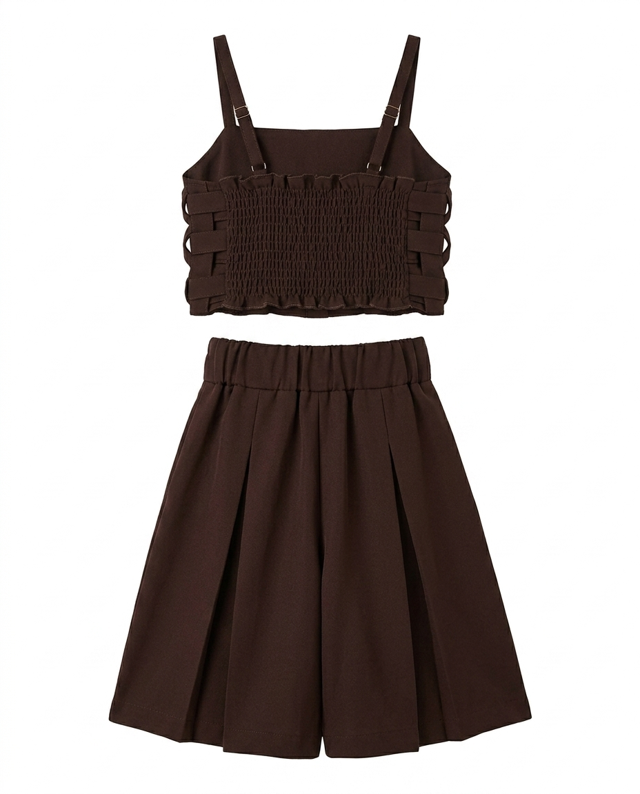 Girls Brown Lilac Woven Crop Top with Wide Leg Pants Co-Ord Set
