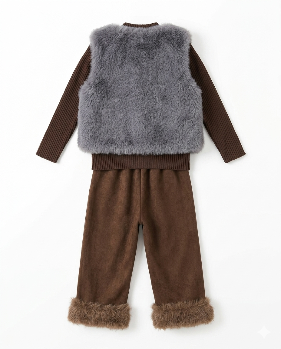 Girls Brown Fur Vest & Wide Leg Pants Winter Co-ord Set