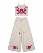 Girls Beige Floral Embroidered Cotton Linen Co-Ord Set