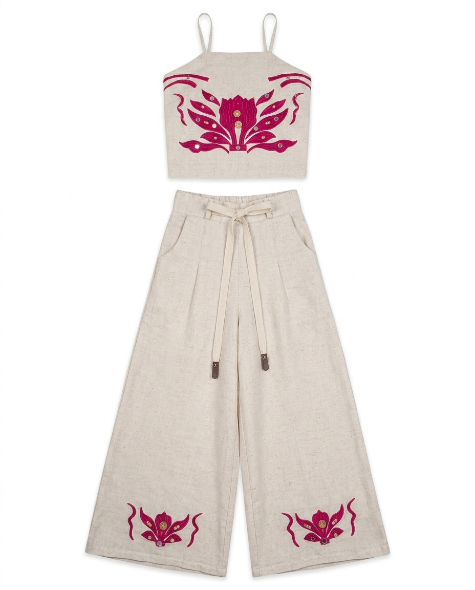 Girls Beige Floral Embroidered Cotton Linen Co-Ord Set