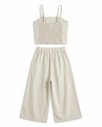 Girls Beige Floral Embroidered Cotton Linen Co-Ord Set