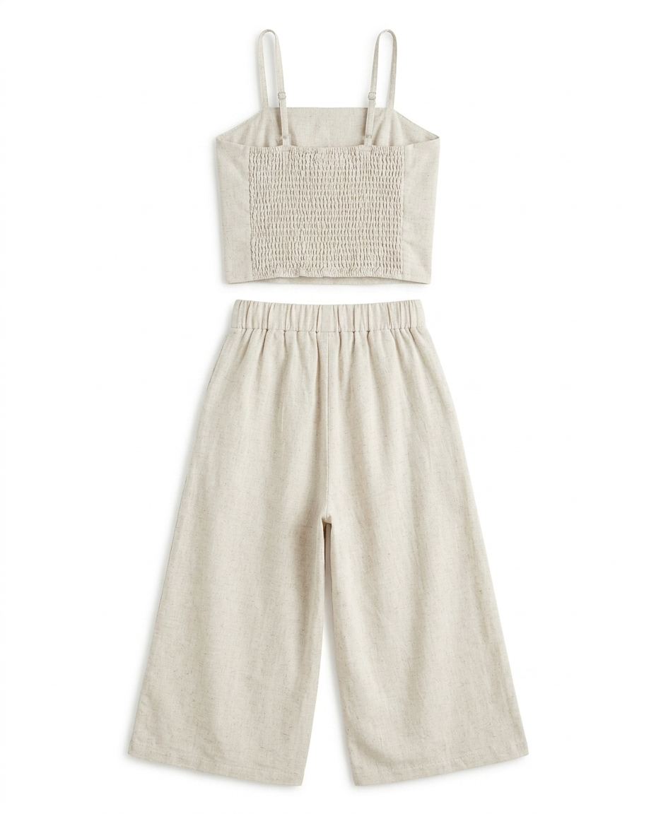 Girls Beige Floral Embroidered Cotton Linen Co-Ord Set