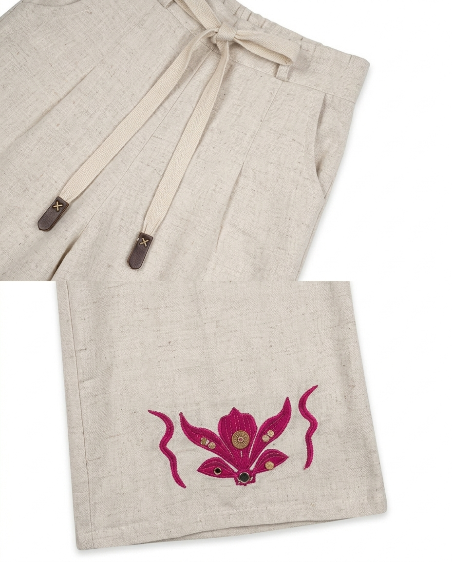 Girls Beige Floral Embroidered Cotton Linen Co-Ord Set
