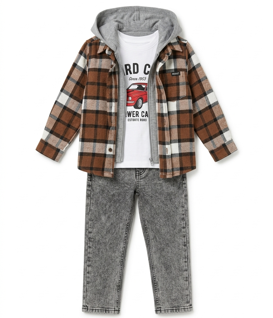 Boys Hooded Checked Shirt, Graphic T-Shirt & Jeans 3-Piece Set