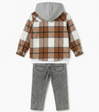 Boys Hooded Checked Shirt, Graphic T-Shirt & Jeans 3-Piece Set