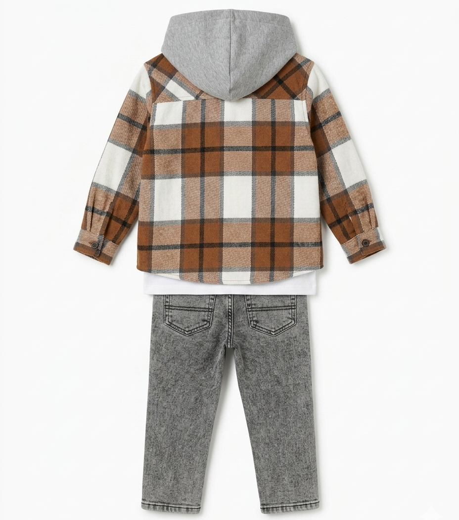 Boys Hooded Checked Shirt, Graphic T-Shirt & Jeans 3-Piece Set