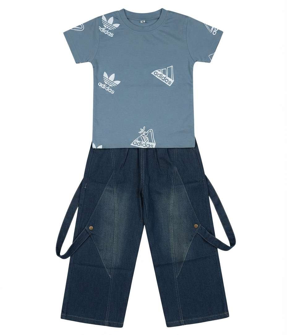 Boys Blue Printed T-Shirt with Denim Cargo long Pants