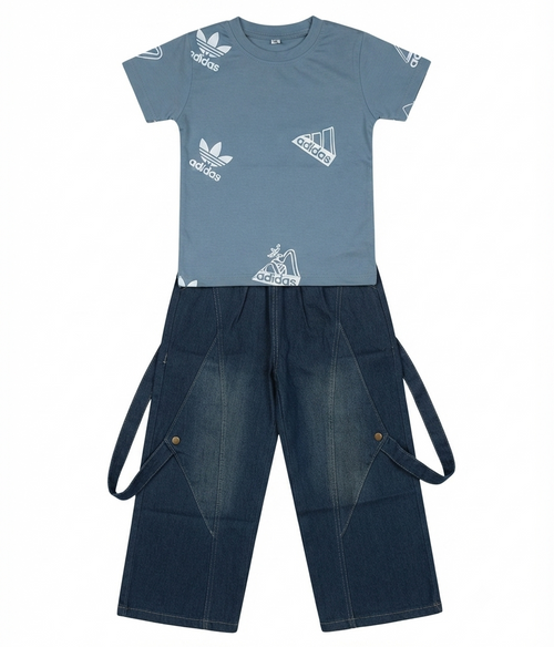 Boys Blue Printed T-Shirt with Denim Cargo long Pants