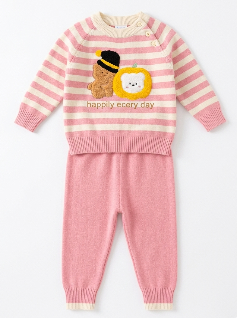 Girls Pink Striped Knit Top & Pant Co-ord Set