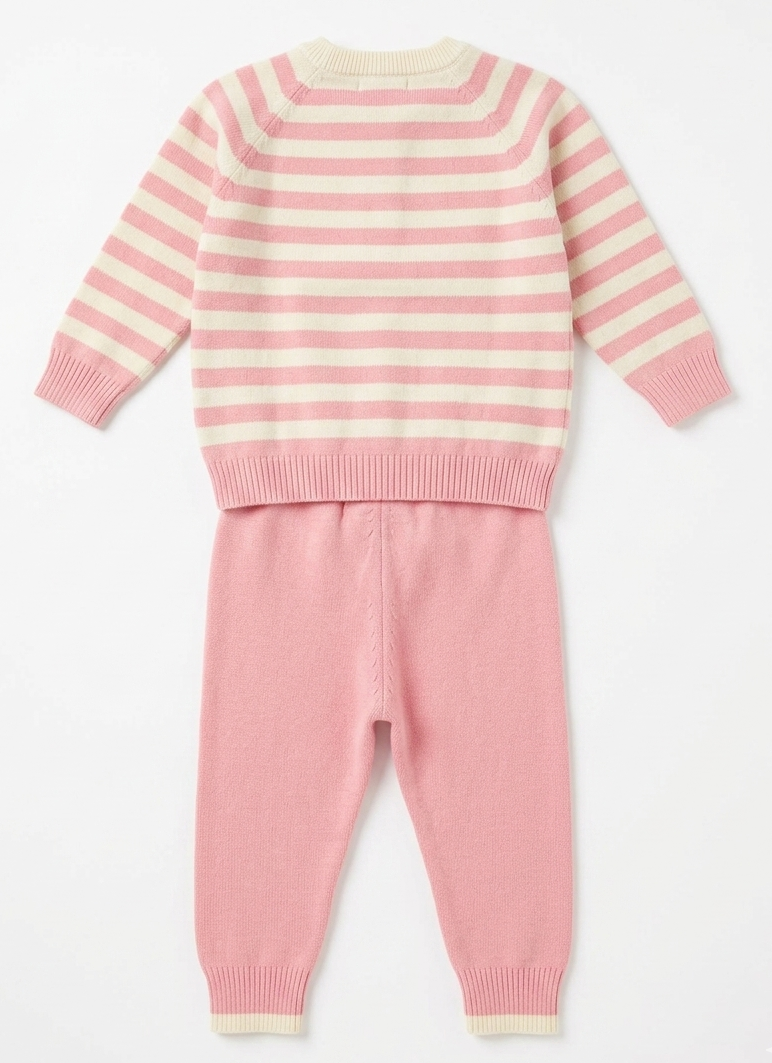 Girls Pink Striped Knit Top & Pant Co-ord Set