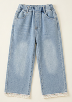 Girls Light Blue Wide-Leg Denim Pants with Lace Hem