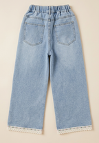 Girls Light Blue Wide-Leg Denim Pants with Lace Hem