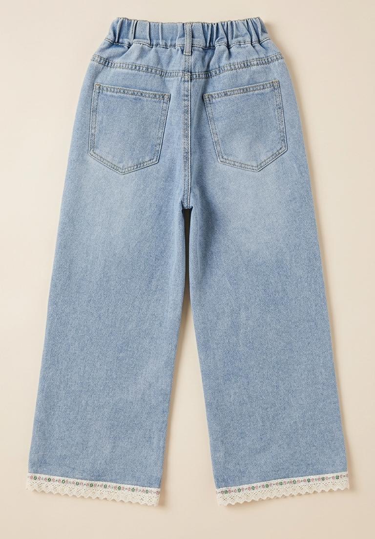 Girls Light Blue Wide-Leg Denim Pants with Lace Hem