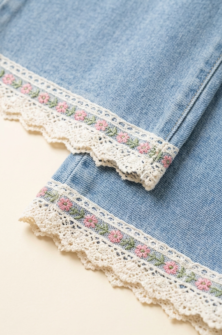 Girls Light Blue Wide-Leg Denim Pants with Lace Hem