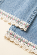 Girls Light Blue Wide-Leg Denim Pants with Lace Hem