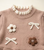 Girls Beige Knitted Winter Dress with Floral Embroidery