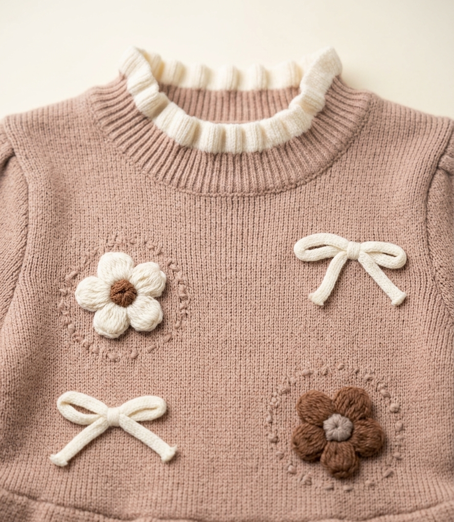 Girls Beige Knitted Winter Dress with Floral Embroidery