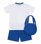 Boys Doraemon Print T-Shirt & Shorts Set with Matching Sling Bag