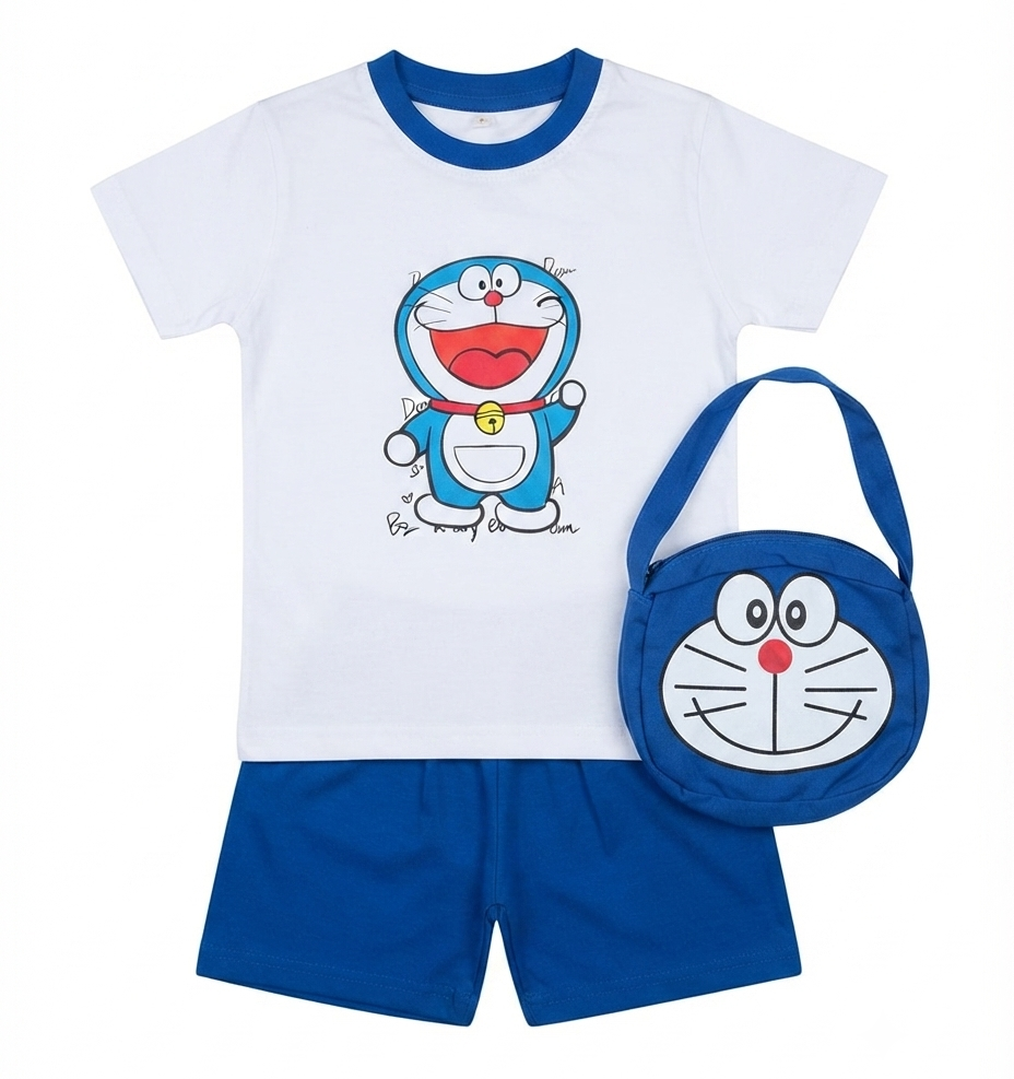 Boys Doraemon Print T-Shirt & Shorts Set with Matching Sling Bag