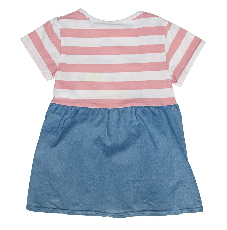 Girls Blue Denim Pinafore Dress with Pink Striped T-Shirt