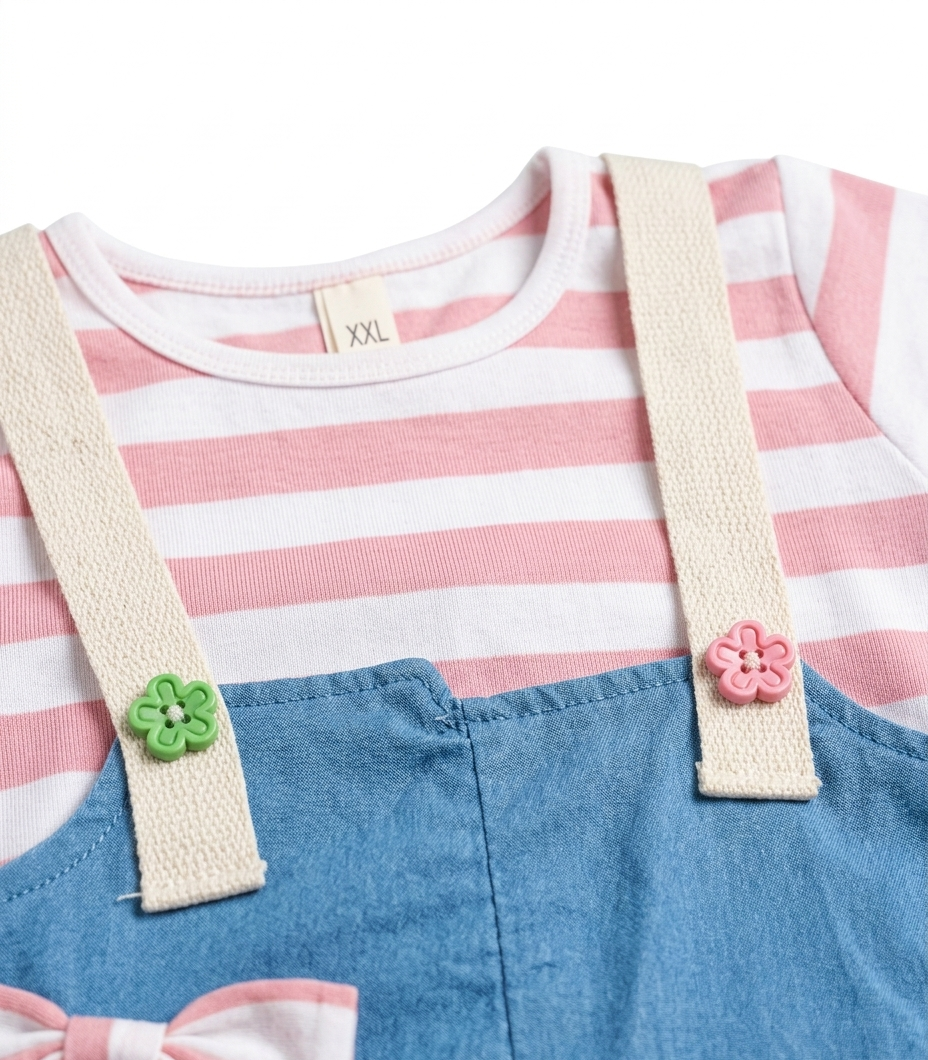 Girls Blue Denim Pinafore Dress with Pink Striped T-Shirt