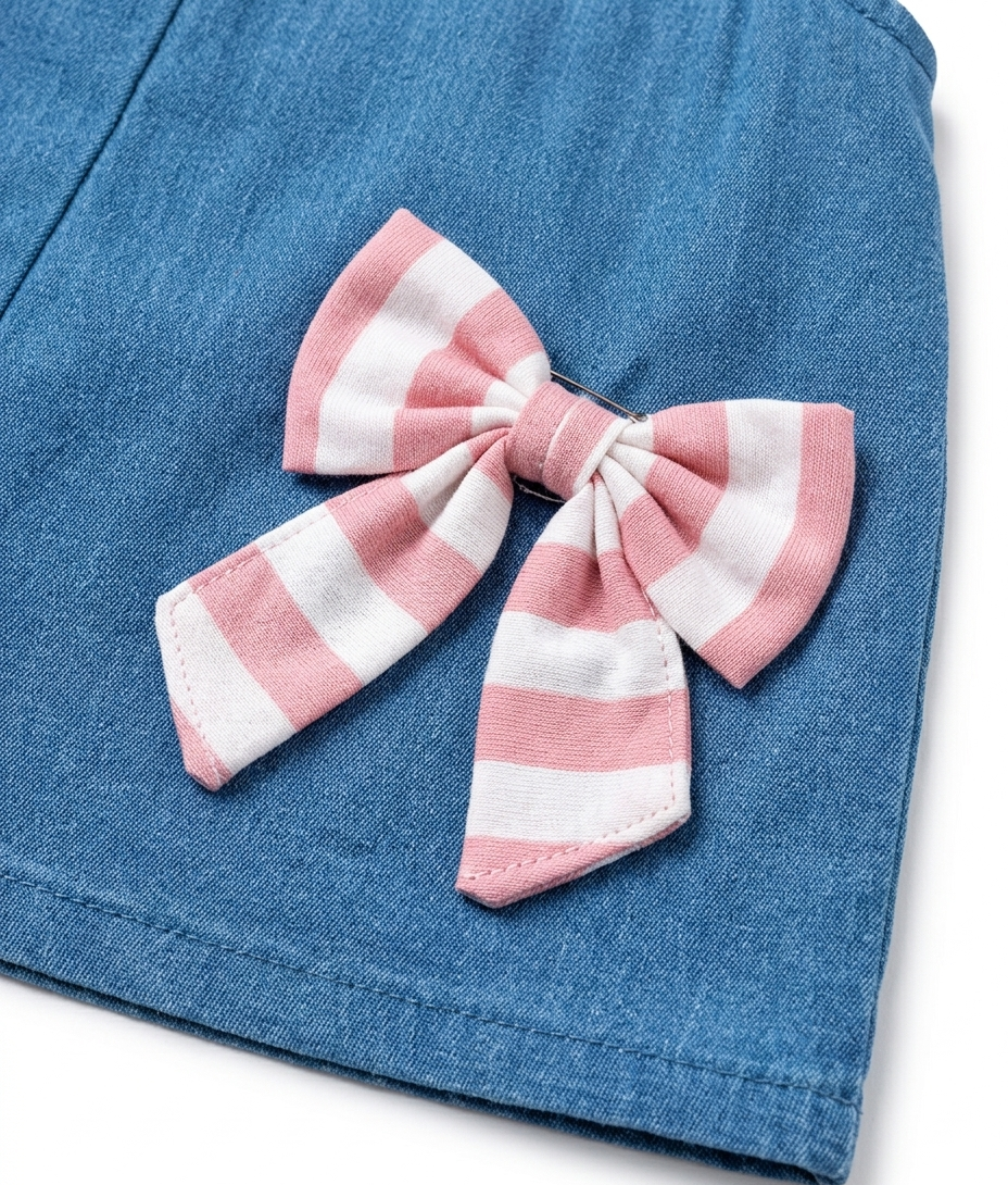 Girls Blue Denim Pinafore Dress with Pink Striped T-Shirt