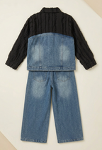 Girls Black Textured Denim Co-Ord Set with Wide-Leg Jeans