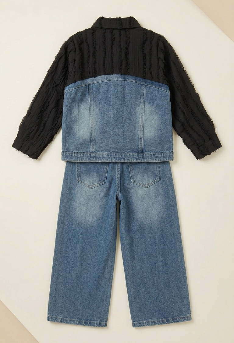 Girls Black Textured Denim Co-Ord Set with Wide-Leg Jeans