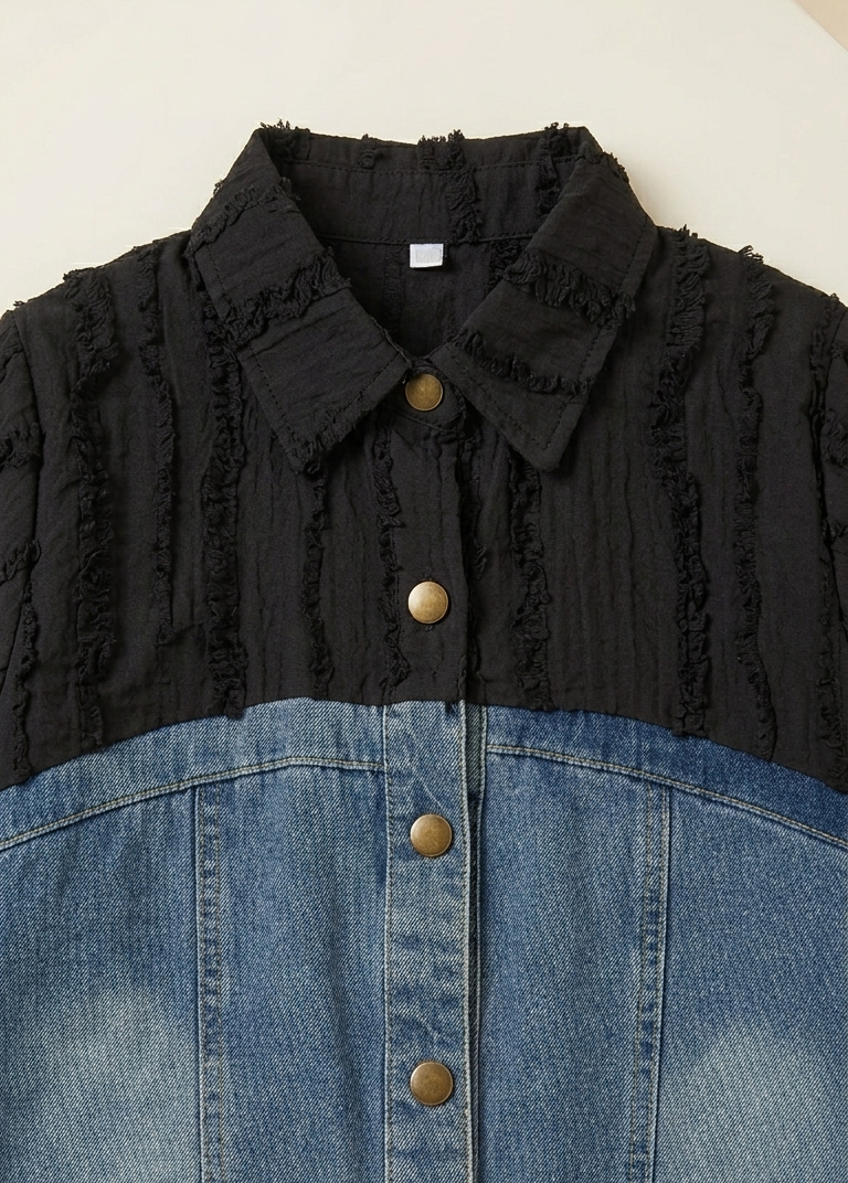 Girls Black Textured Denim Co-Ord Set with Wide-Leg Jeans