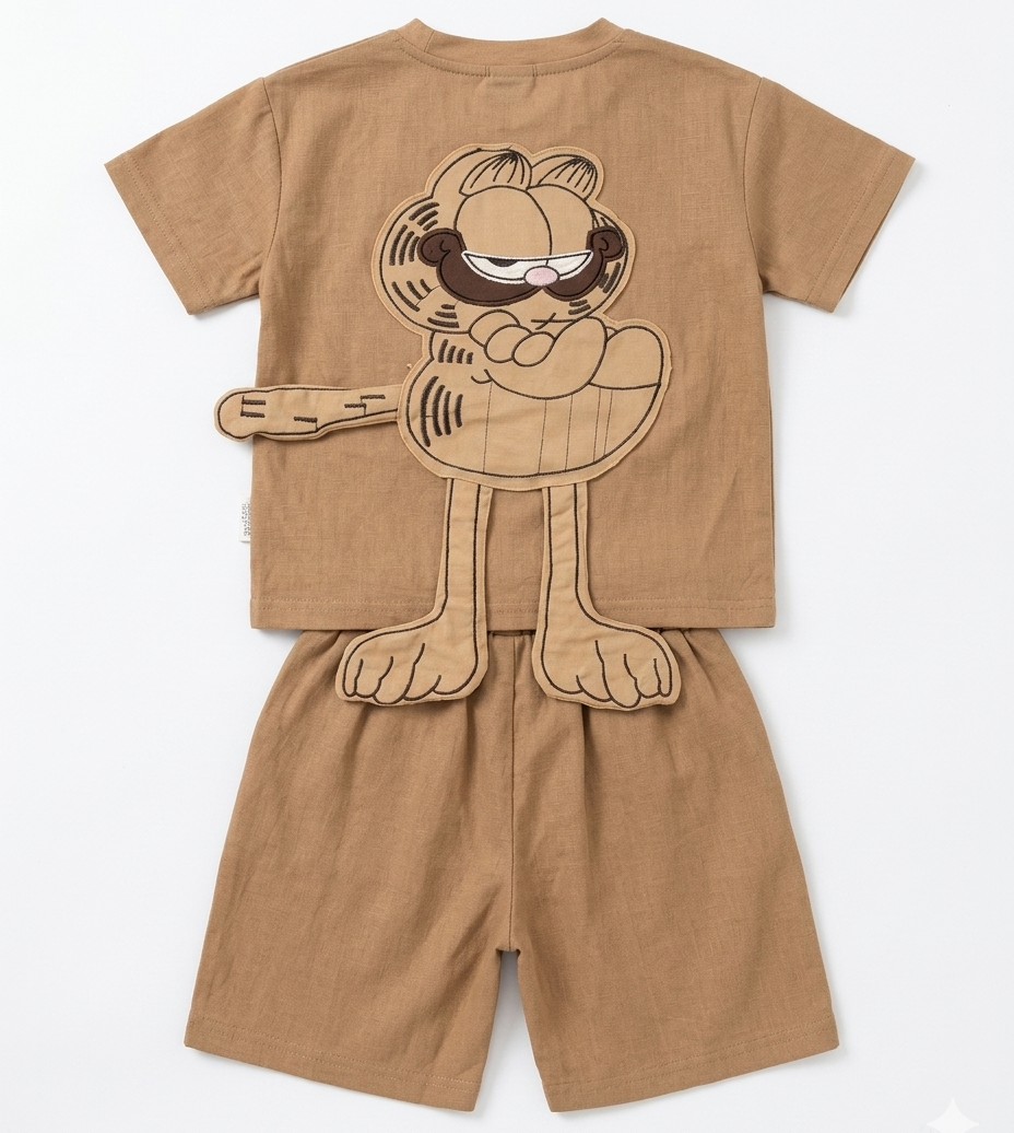 Boys Brown Cartoon Print T-Shirt & Shorts Set