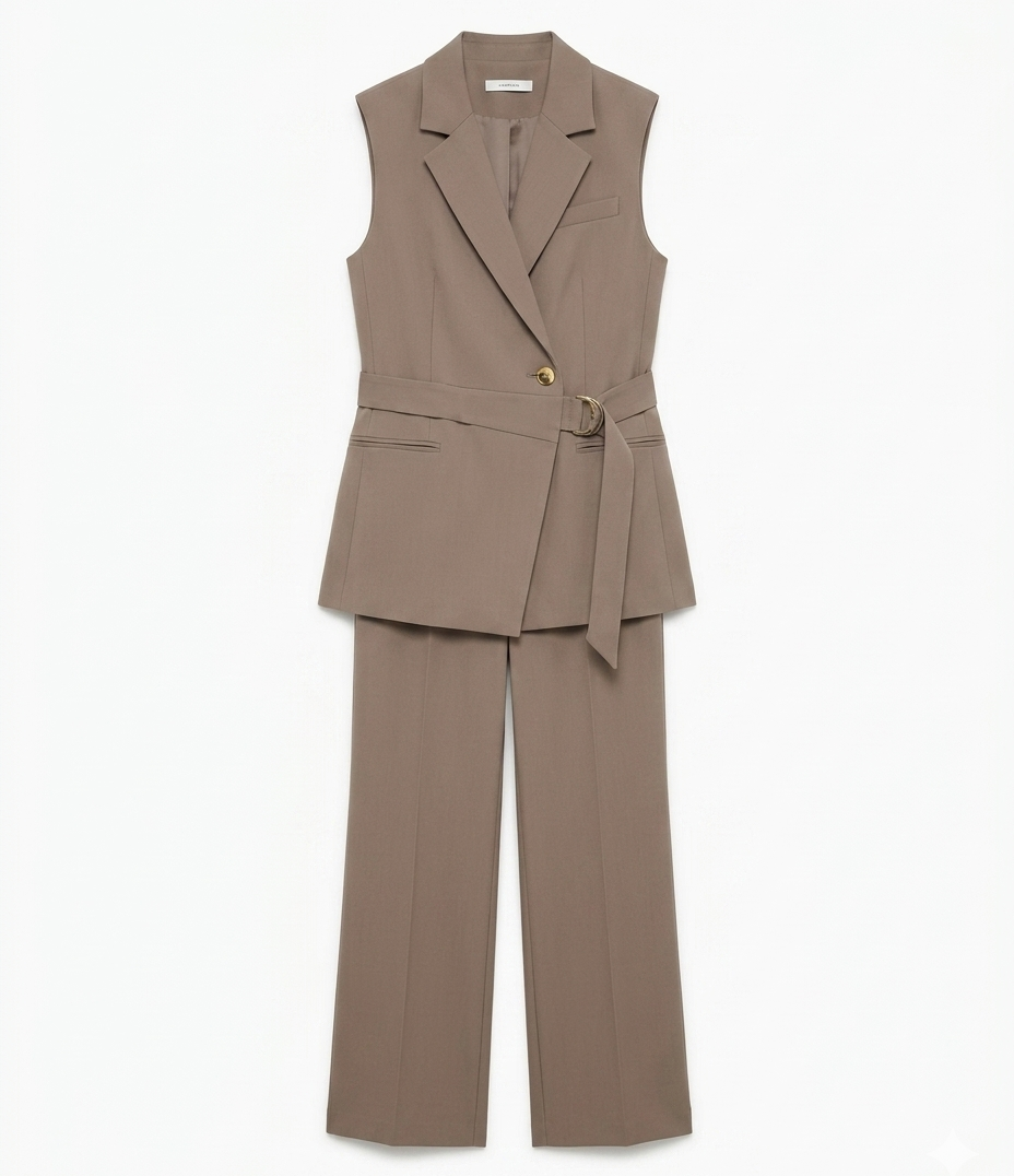 Girls Beige Sleeveless Blazer Vest & Pant Co-Ord Set