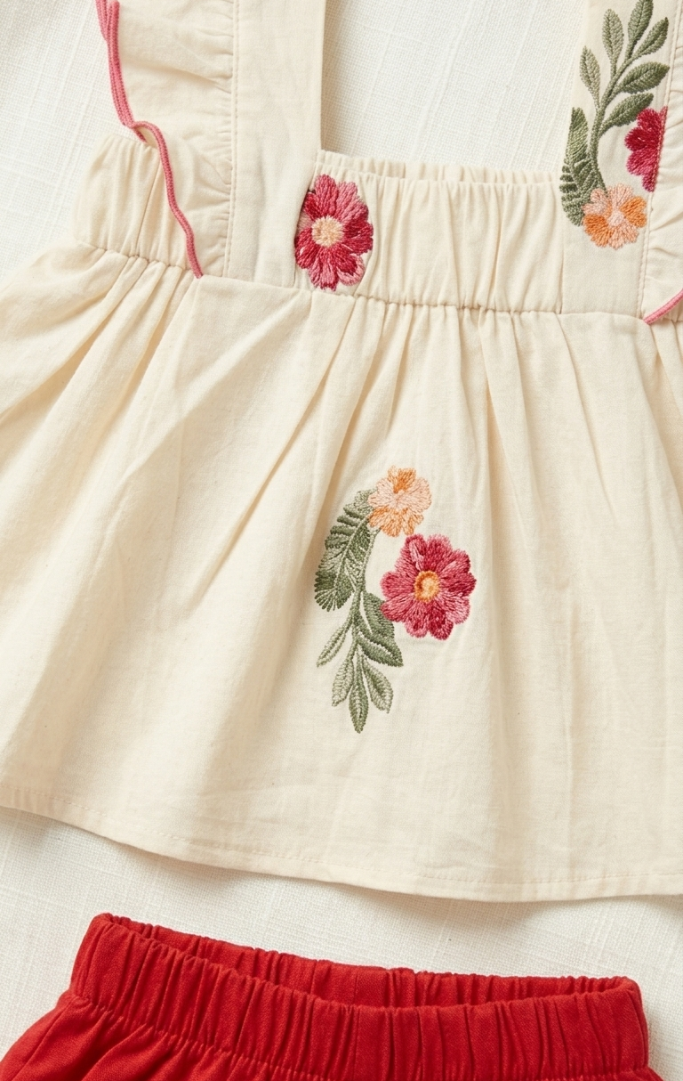 Girls Cream Flower Top and Shorts