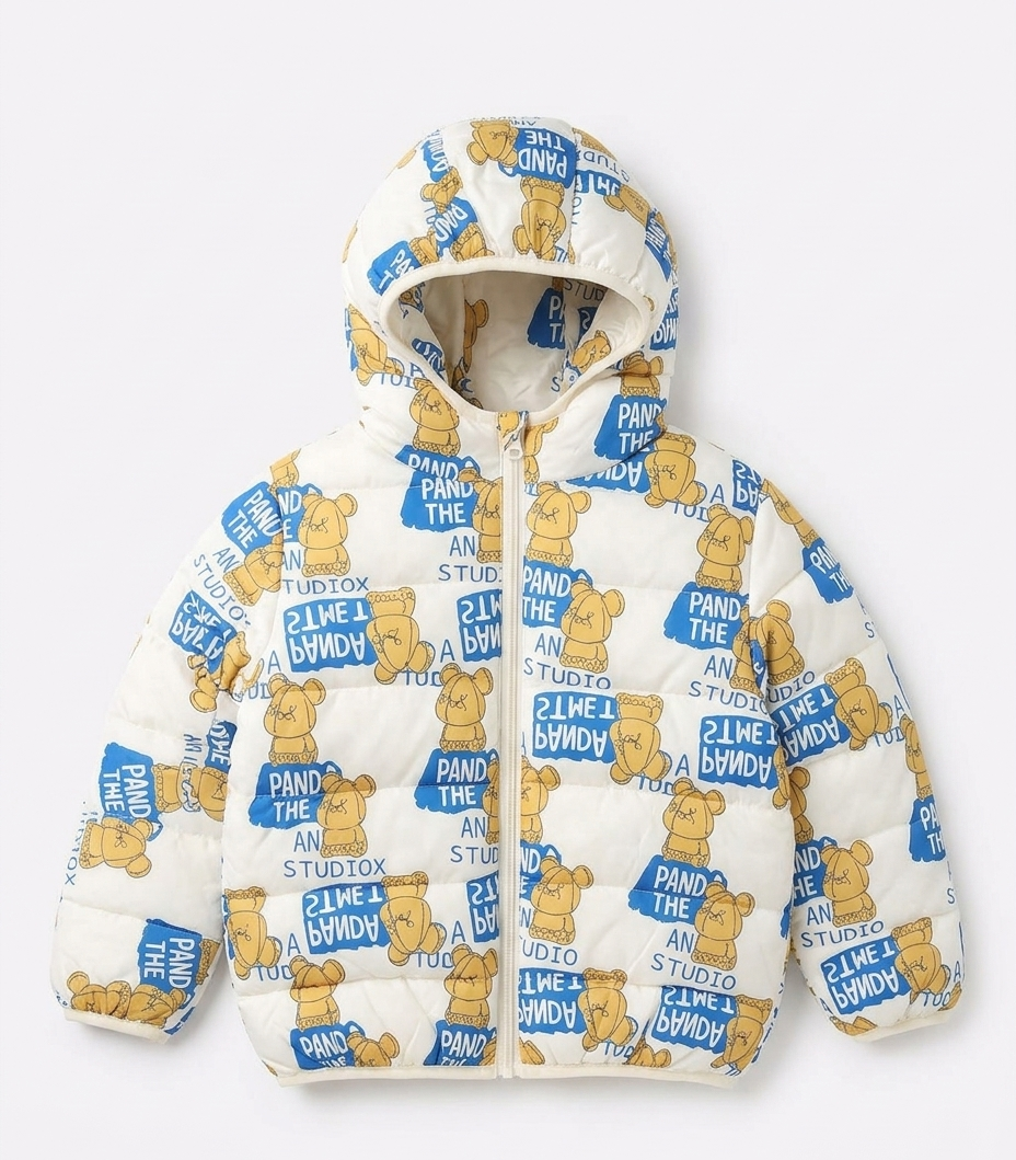 Boys White Bear Print Hooded Puffer Jacket