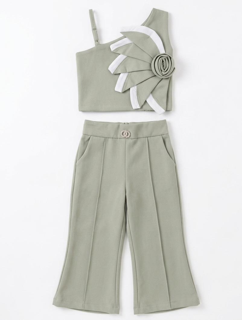 Girls Sage Green One Shoulder Floral Co-Ord Set with Pants