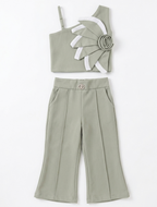 Girls Sage Green One Shoulder Floral Co-Ord Set with Pants