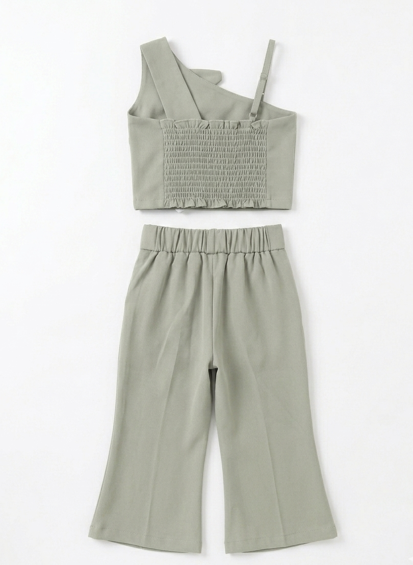 Girls Sage Green One Shoulder Floral Co-Ord Set with Pants