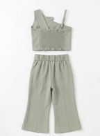 Girls Sage Green One Shoulder Floral Co-Ord Set with Pants