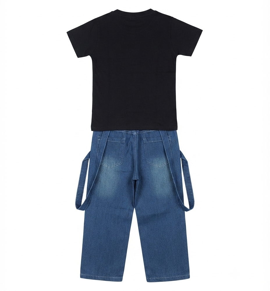 Boys Black Printed T-Shirt with Denim Cargo Pants