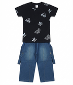 Boys Black Printed T-Shirt with Denim Cargo Pants